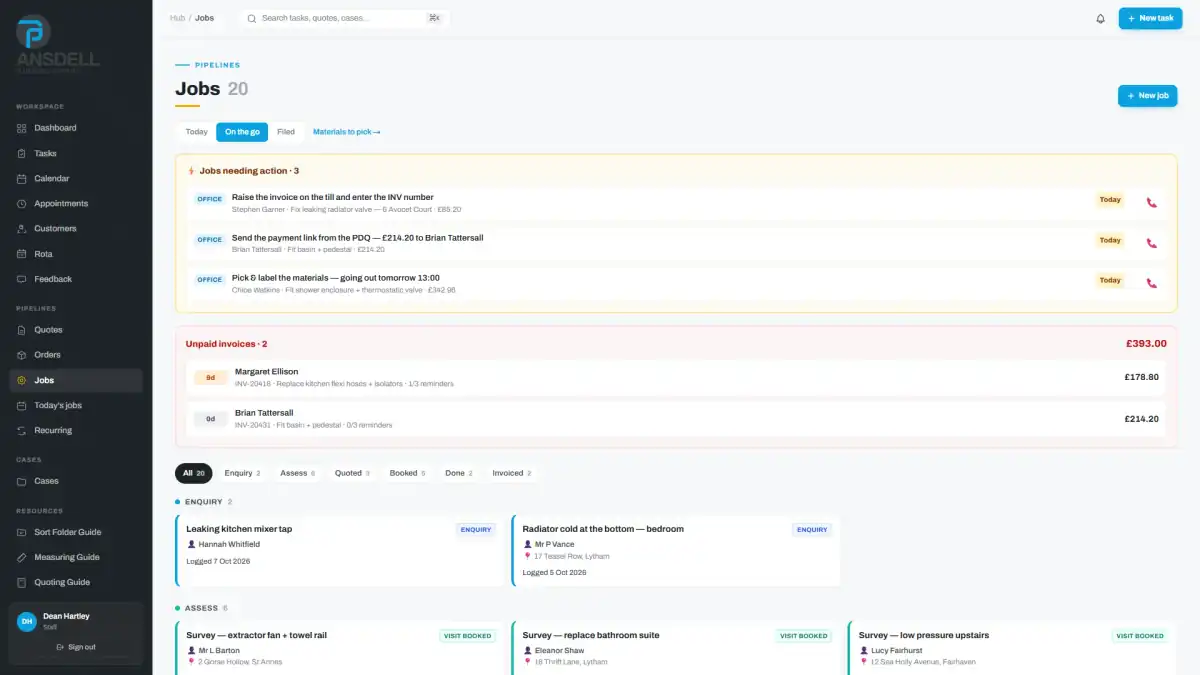 Ansdell Hub jobs screen with jobs needing action, unpaid invoices and job cards by stage