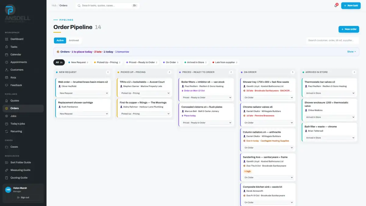 Ansdell Hub order pipeline board