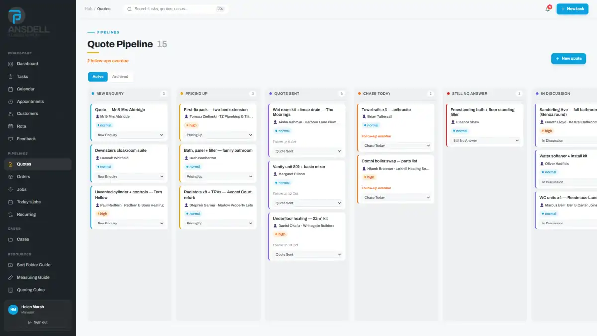 Ansdell Hub quote pipeline board