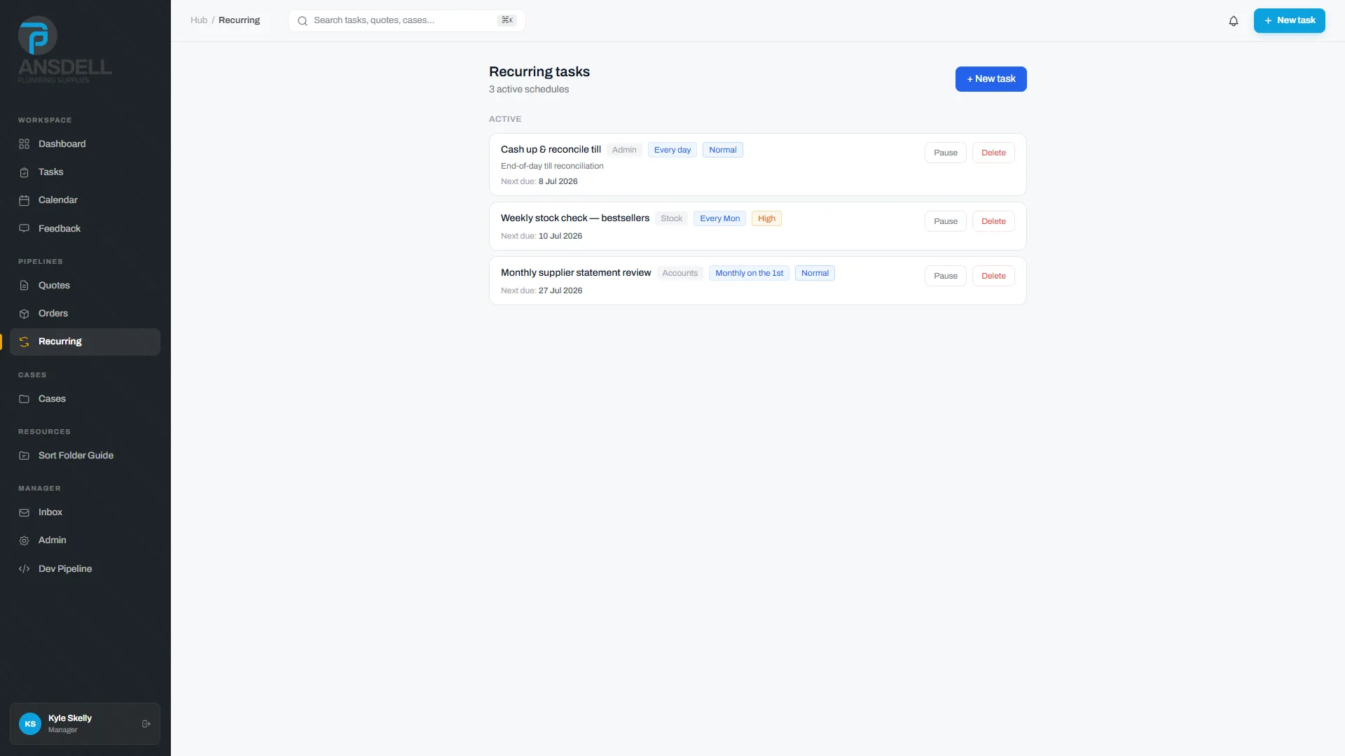 Ansdell Hub recurring tasks