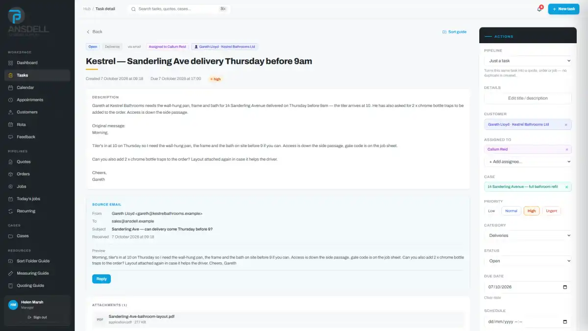 Ansdell Hub task created from an inbound email