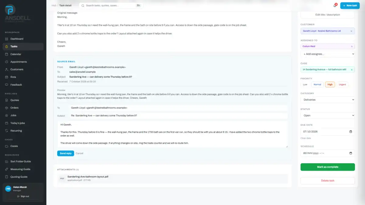 Ansdell Hub reply composer with a suggested reply