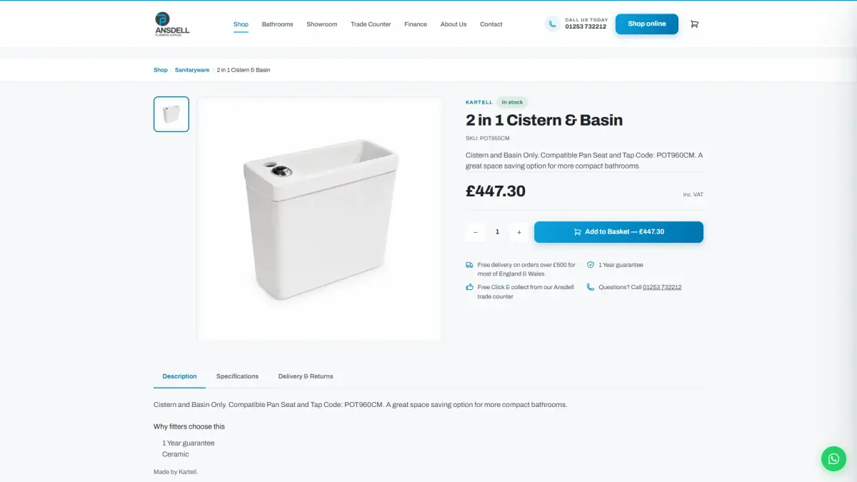 Ansdell product page with price, stock and add to basket