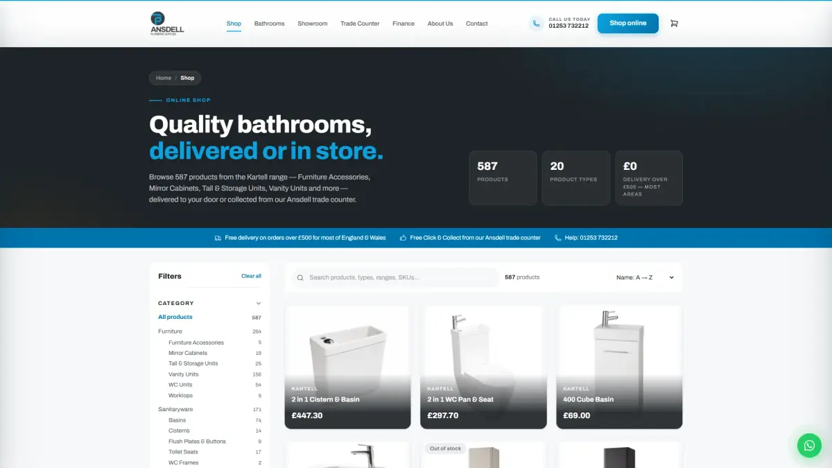 Ansdell online shop with search and filters