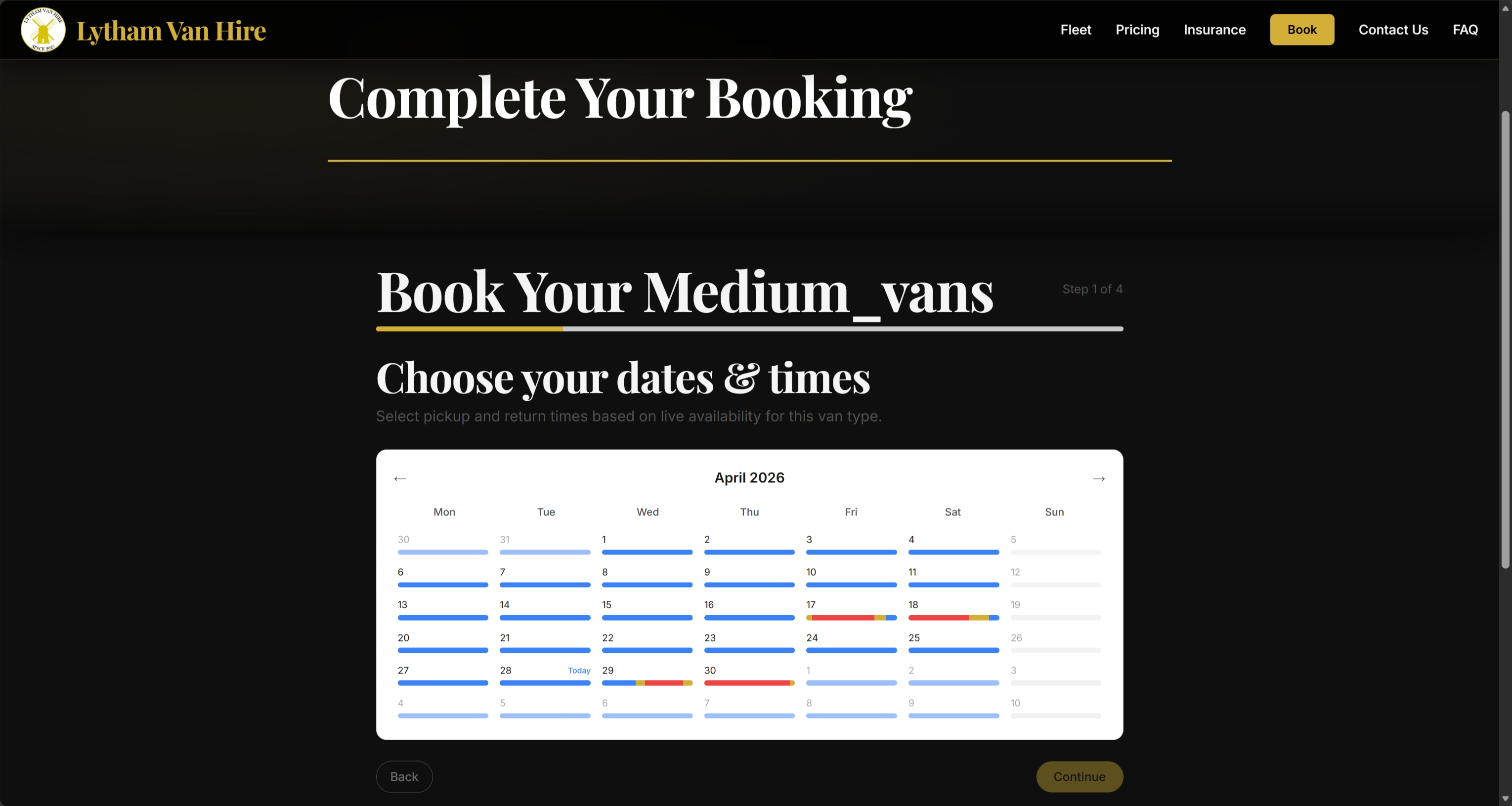 Booking step 1 — availability calendar with time slots