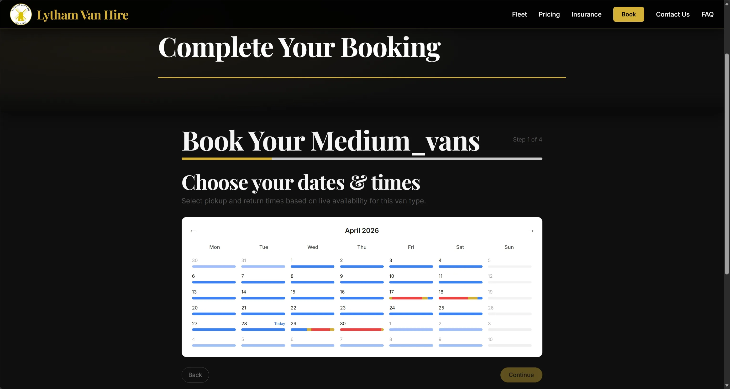 Booking step 1 — availability calendar with time slots