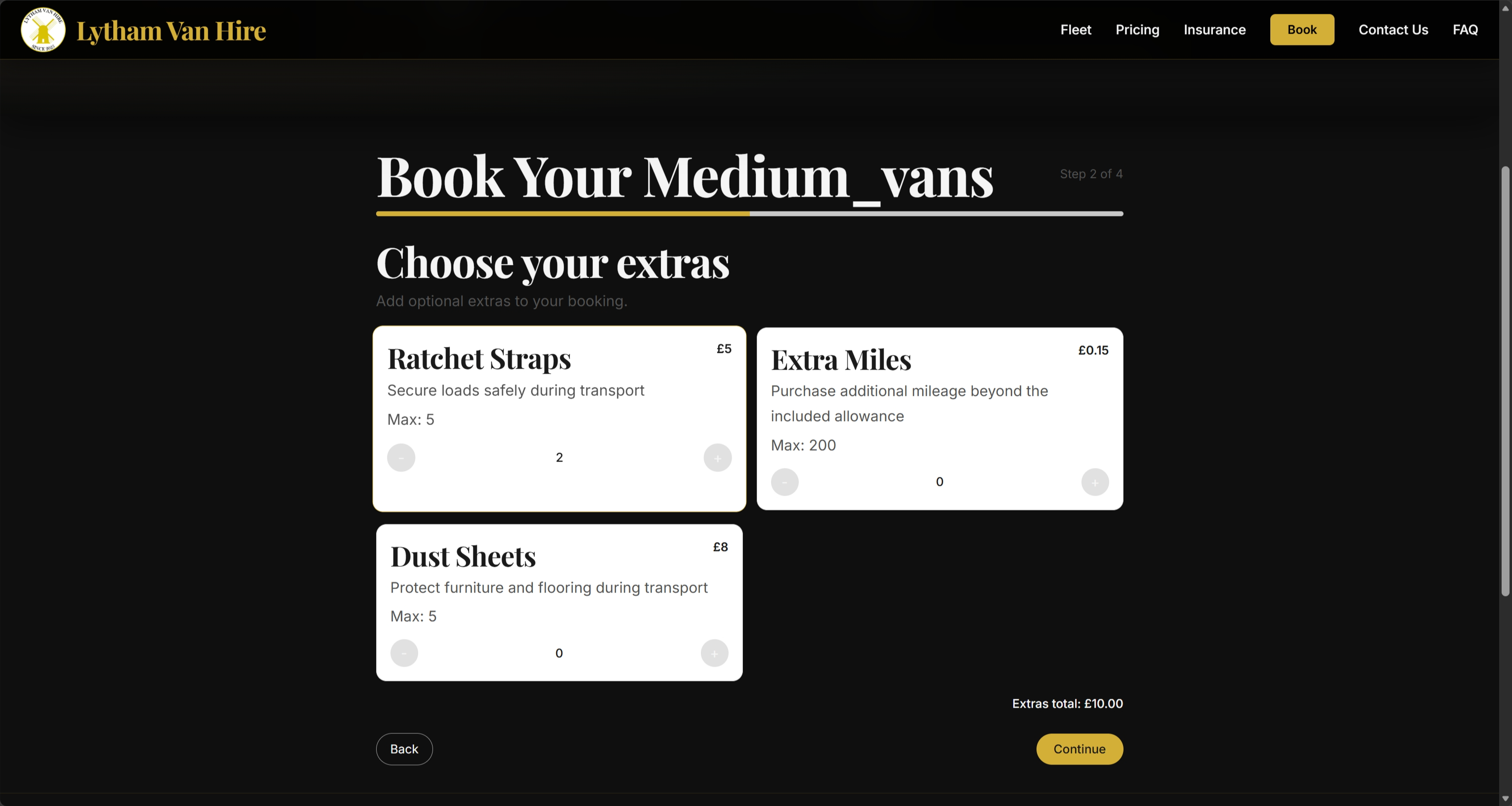 Booking step 2 — choose extras