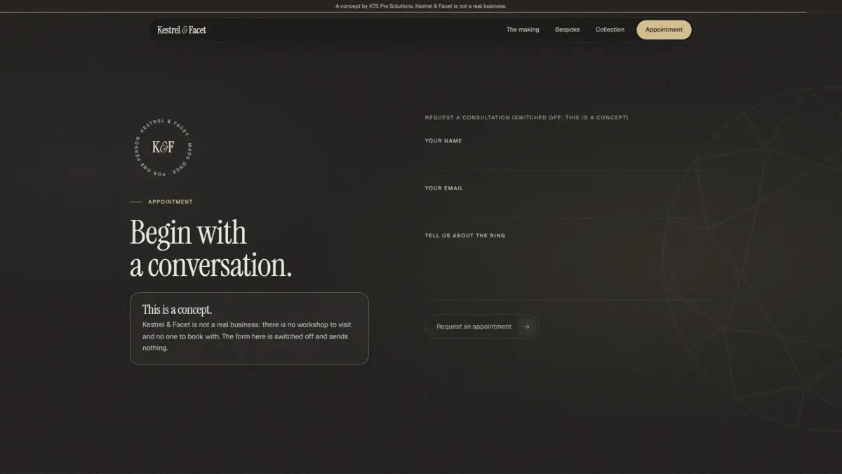 Kestrel & Facet concept: the appointment section, with a notice that it is a concept and the form is switched off