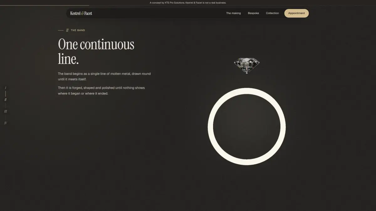 Kestrel & Facet concept: a glowing line of molten metal closed into a ring, below the stone