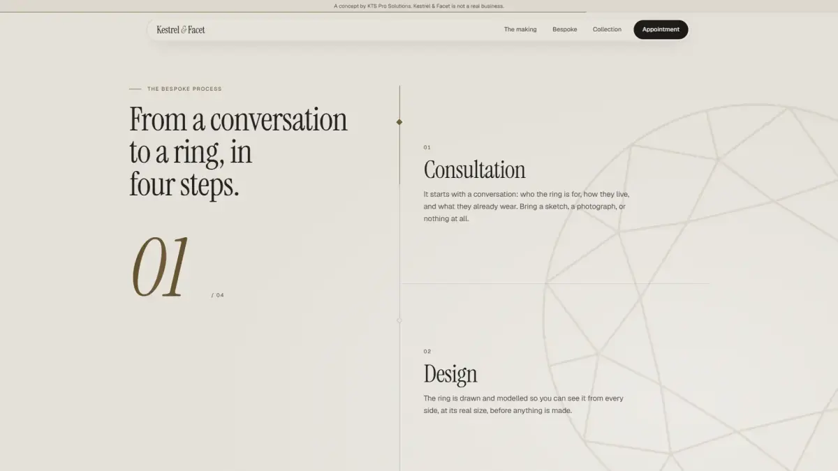 Kestrel & Facet concept: the bespoke process on a warm stone background, from consultation to design
