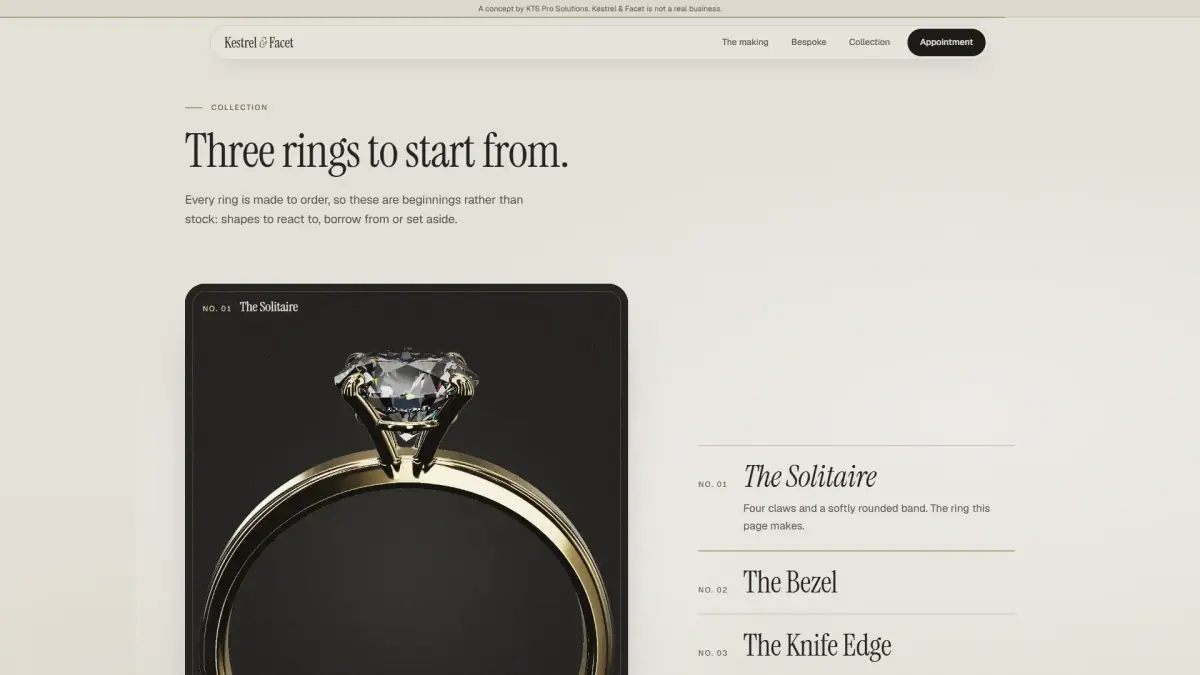 Kestrel & Facet concept: the collection, a 3D ring in a dark case beside a list of three pieces