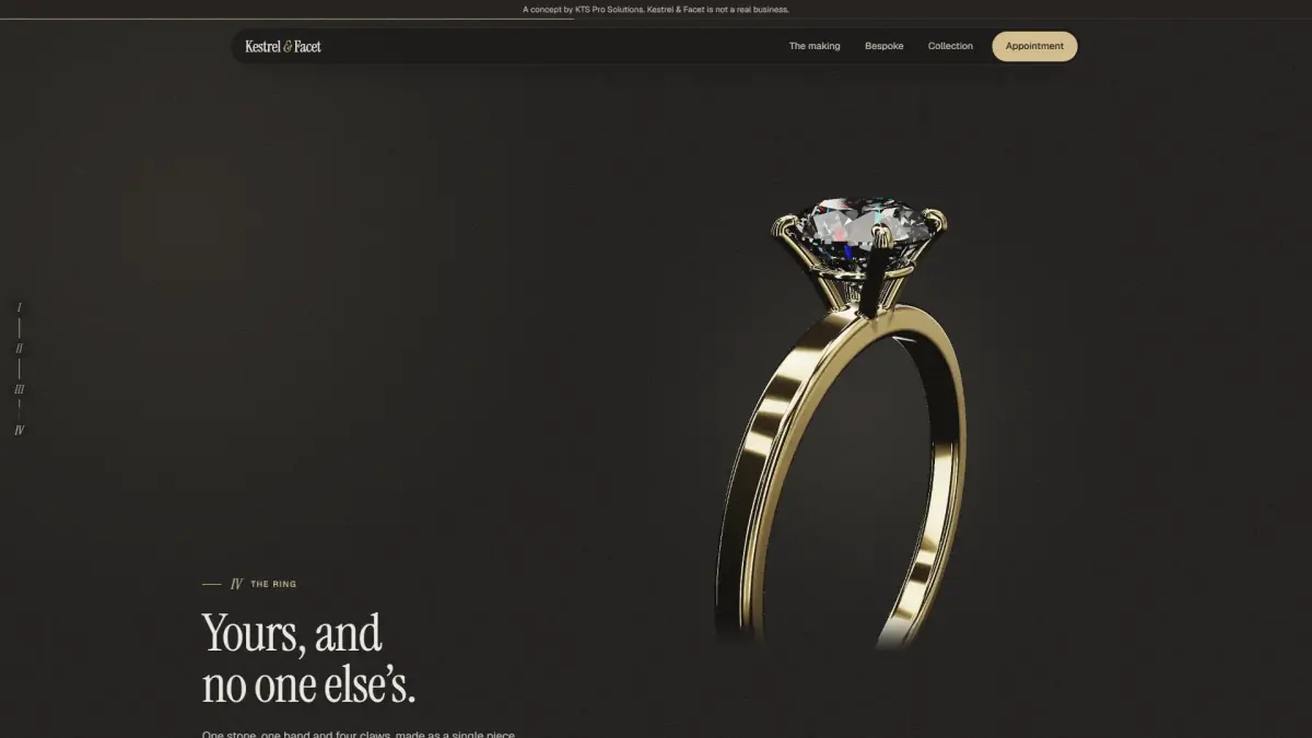 Kestrel & Facet concept: the finished gold ring with the diamond held in four claws