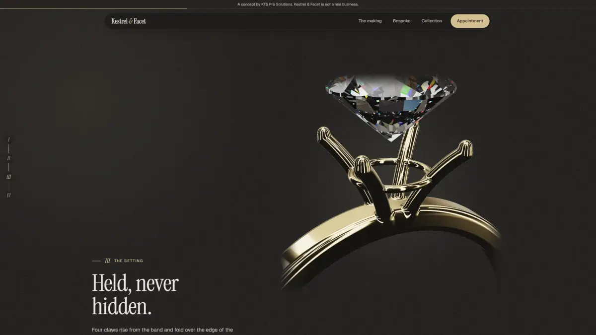 Kestrel & Facet concept: four gold claws rising from the band to meet the diamond