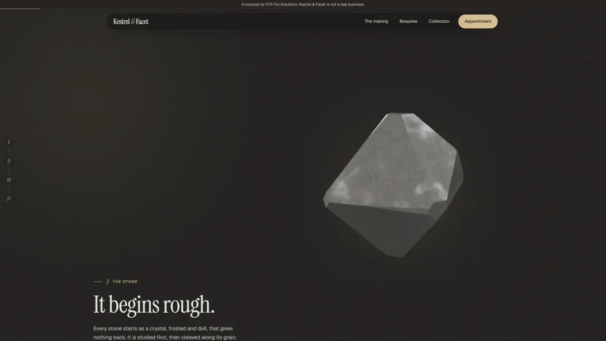 Kestrel & Facet concept: a rough, frosted crystal turning in the dark, before it is cut