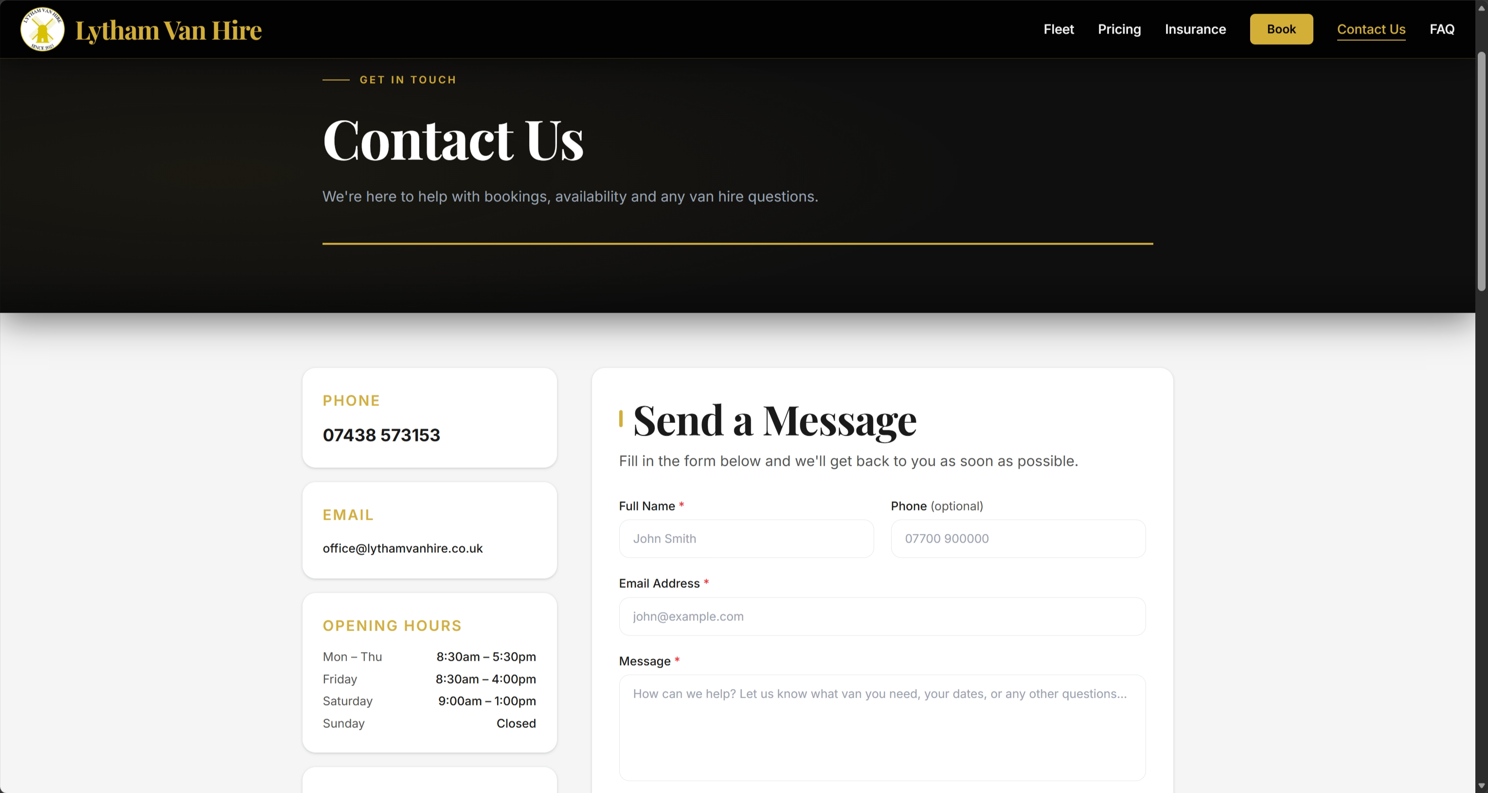 Lytham Van Hire contact page