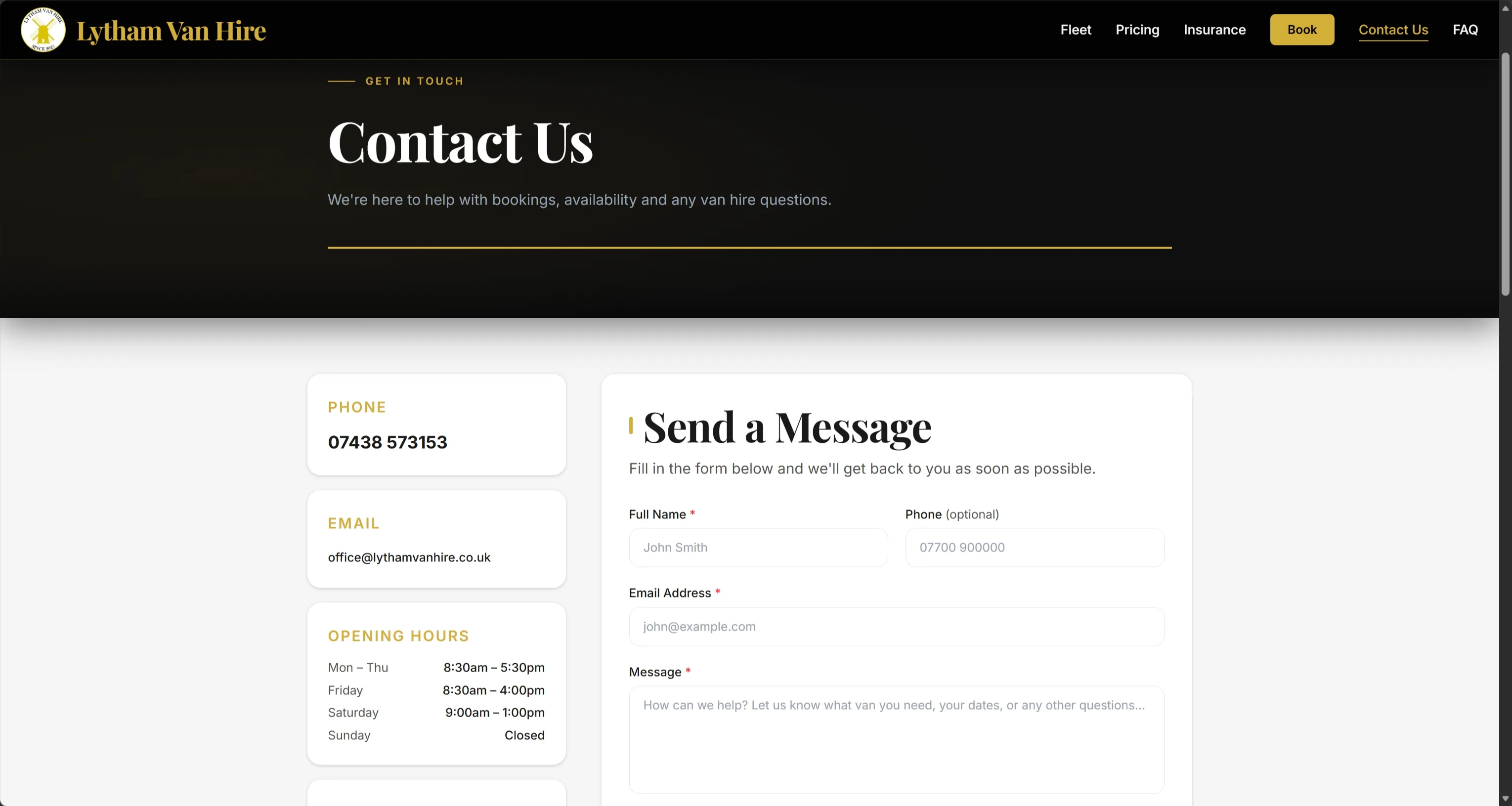 Lytham Van Hire contact page