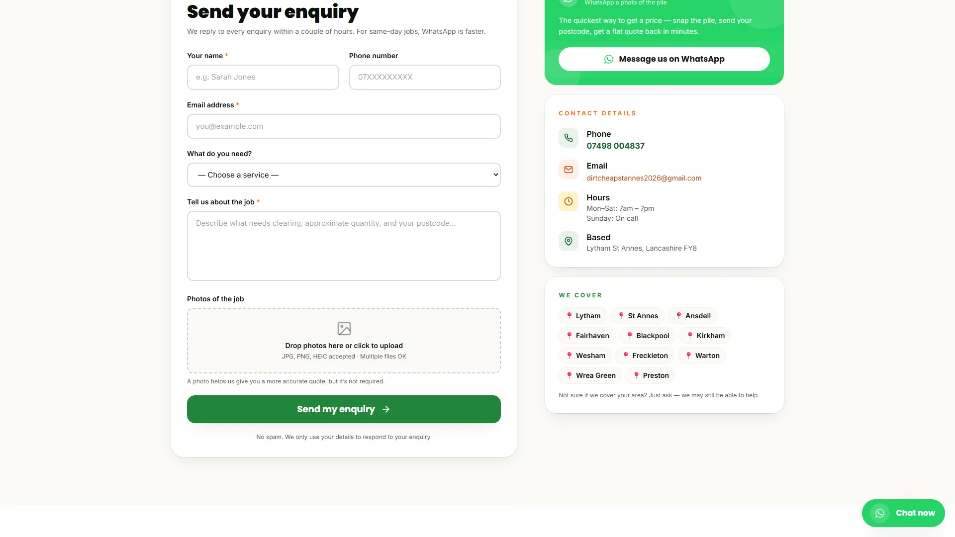 Dirt Cheap quote request form