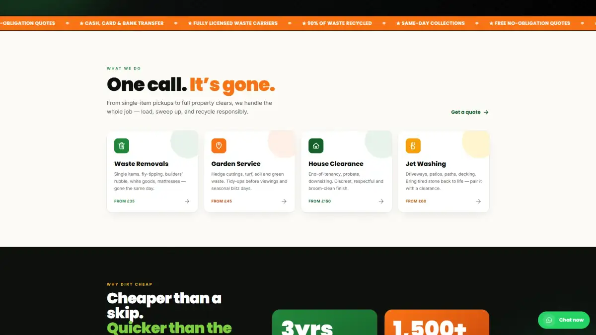 Dirt Cheap services section with starting prices