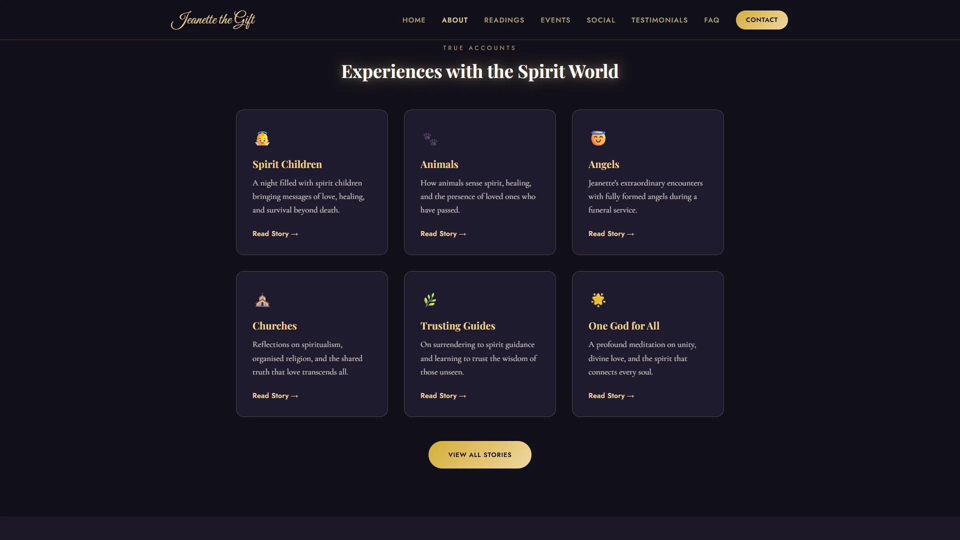 About page — spirit world story cards