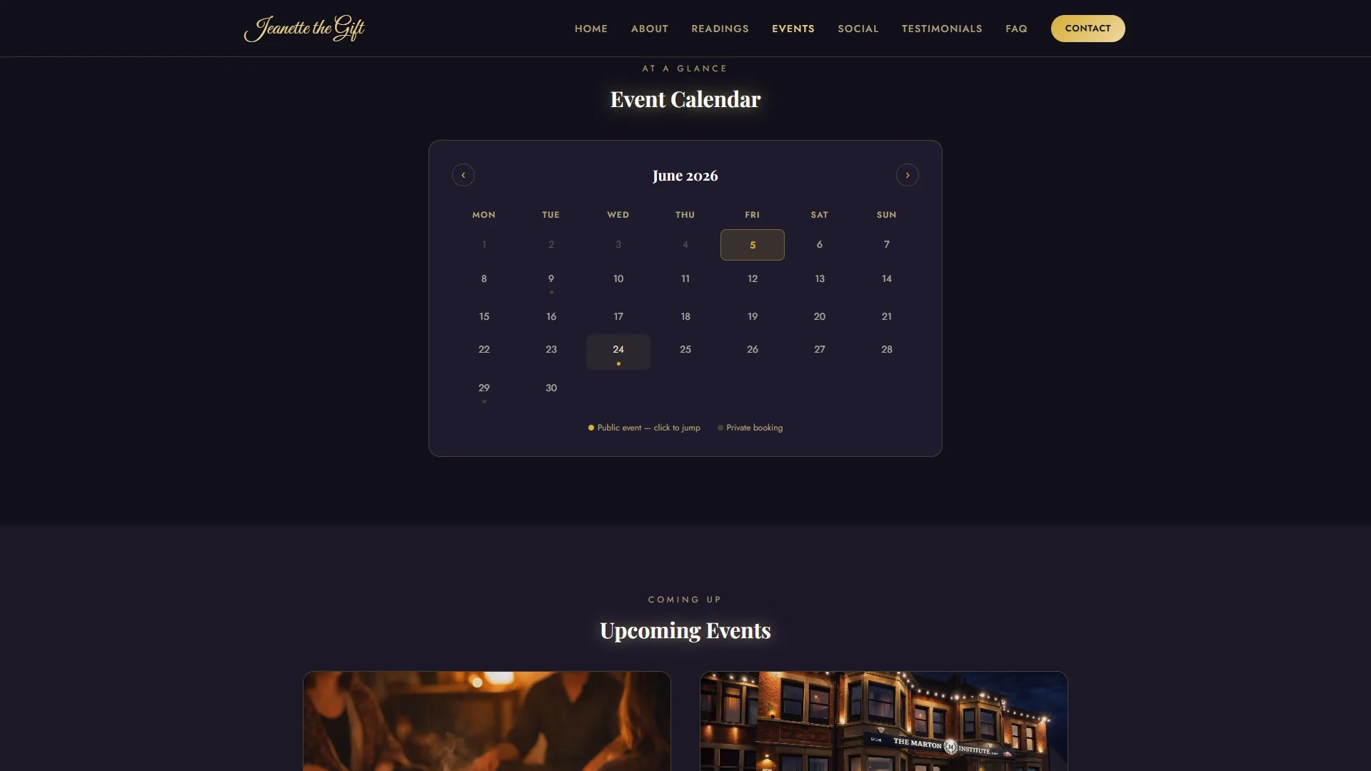 Events page — upcoming events calendar