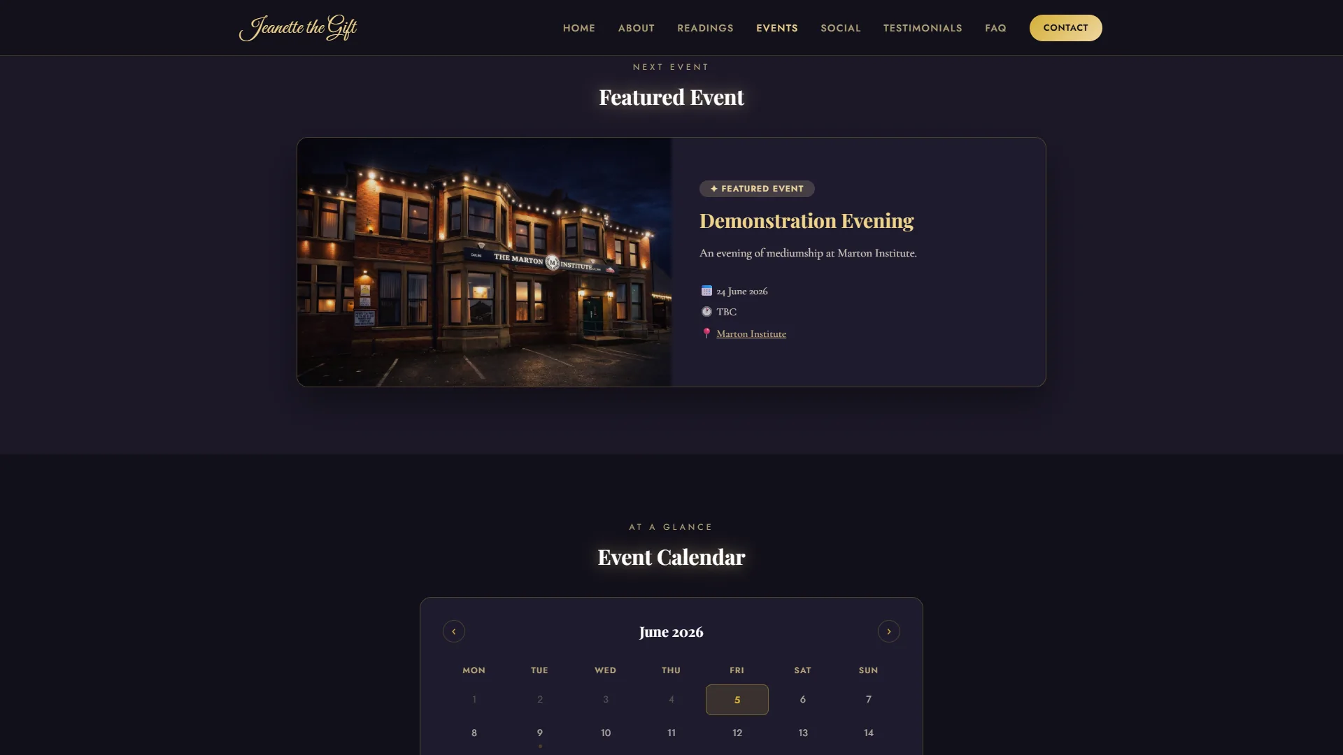 Events page — featured event and date spotlight