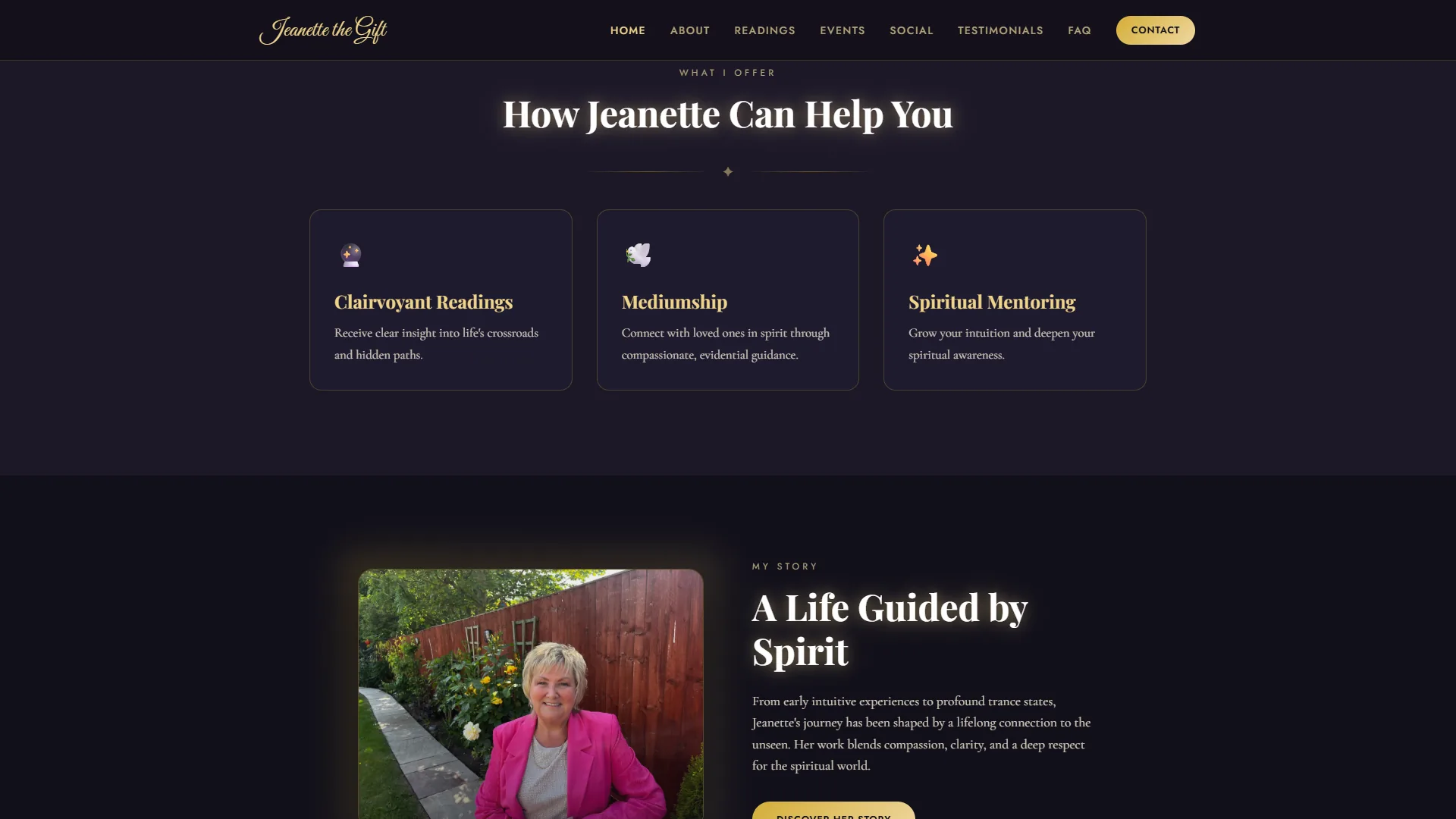 Jeanette The Gift homepage — services section