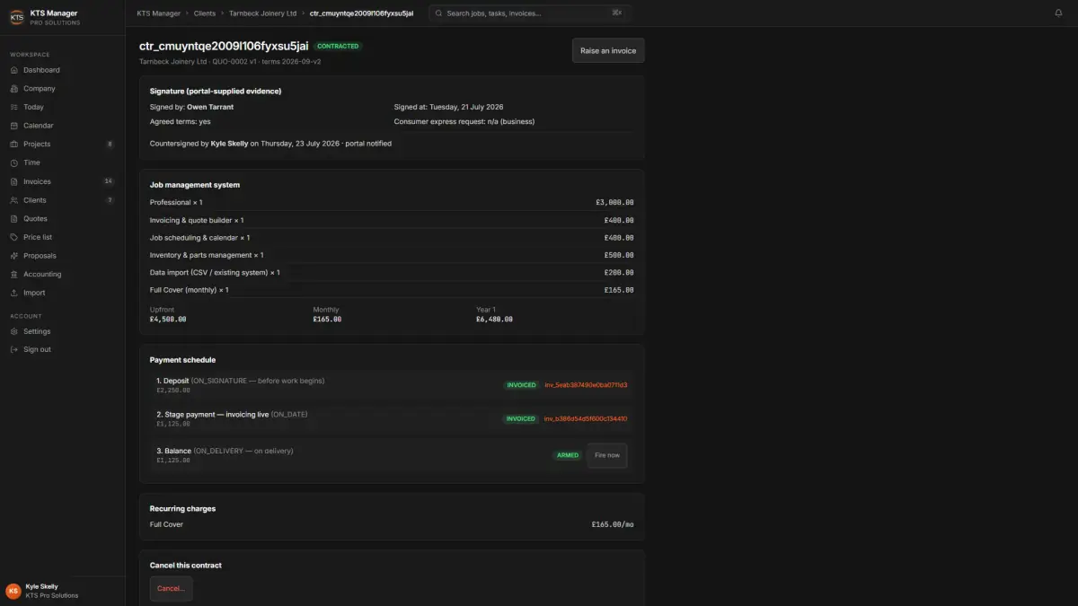 KTS Staff Portal contract with signature record and milestones