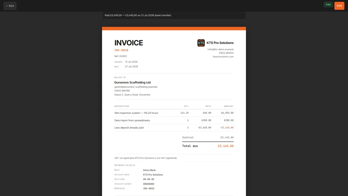 KTS Staff Portal invoice with a deposit deducted