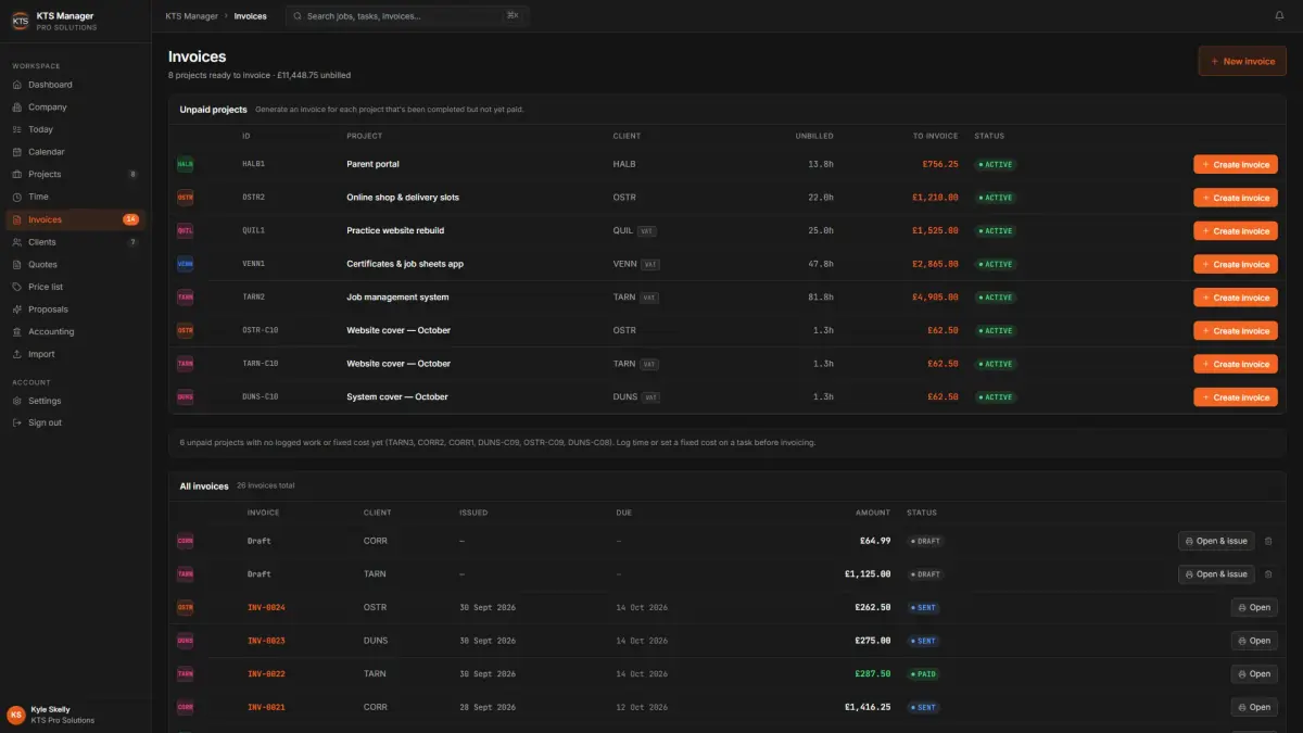 KTS Staff Portal invoices screen