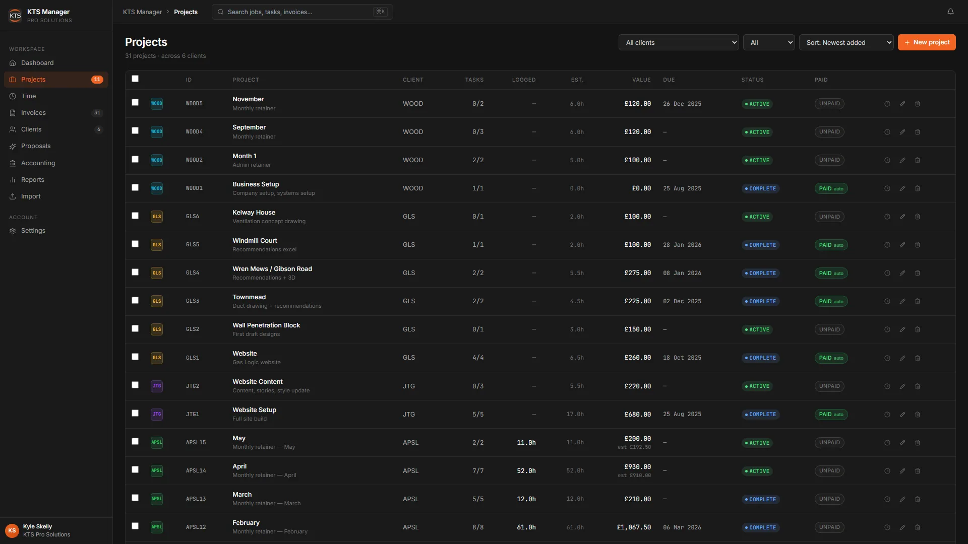 KTS Staff Portal projects list