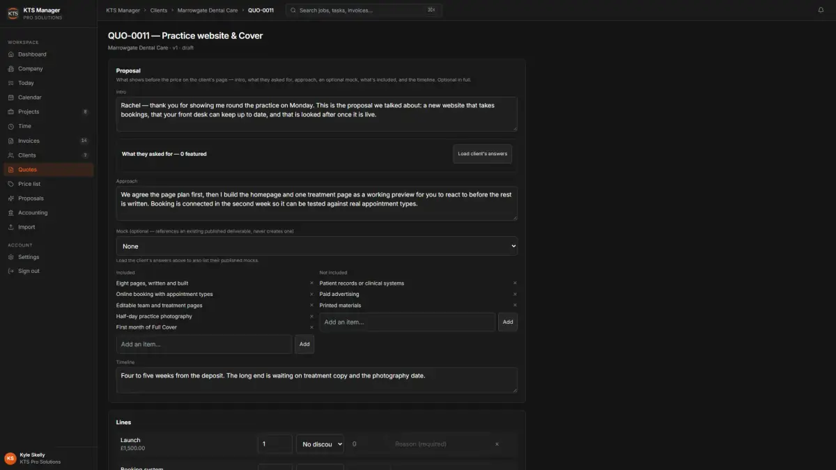 KTS Staff Portal quote builder showing the proposal text