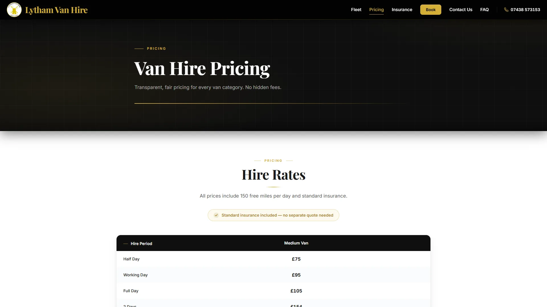 Lytham Van Hire pricing page