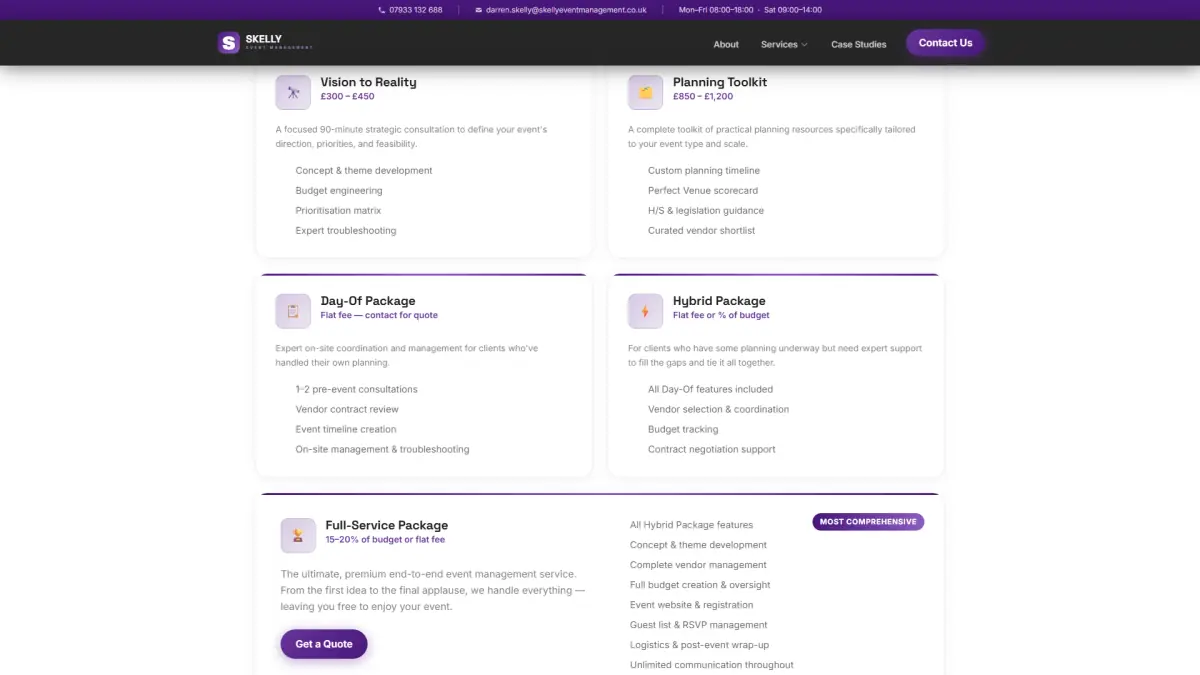 Skelly event packages with published prices