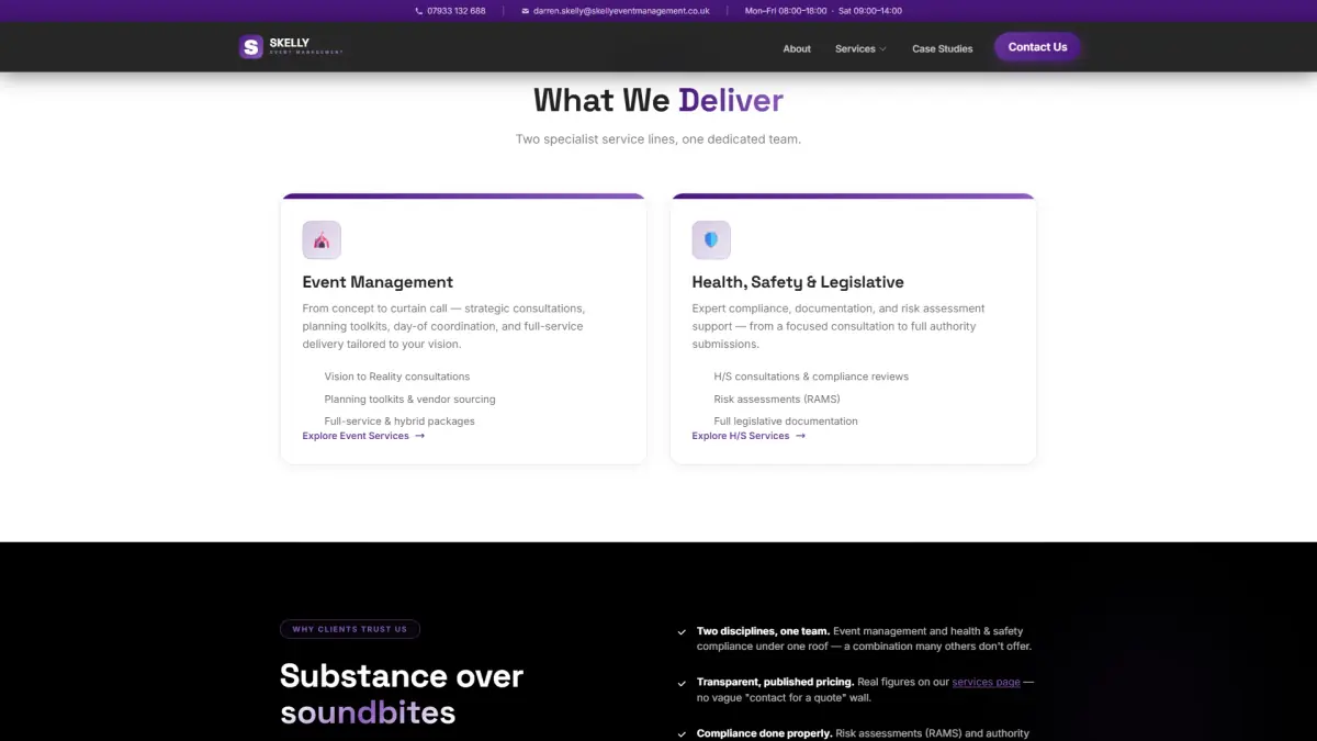 Skelly Event Management services overview on the homepage