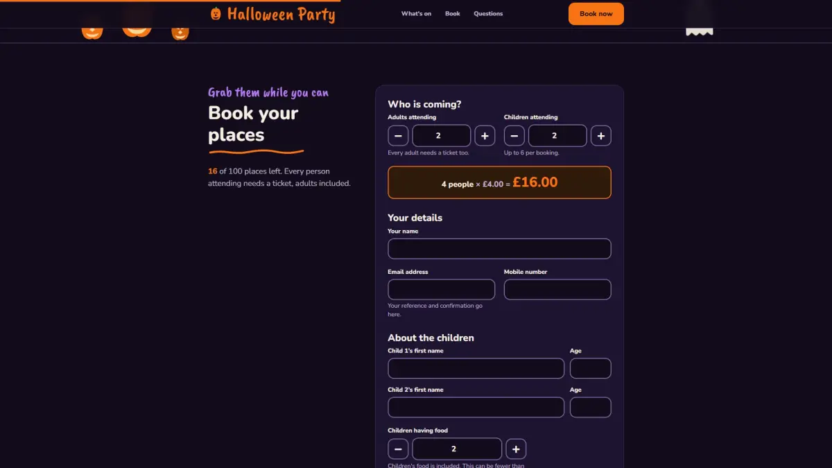 Halloween Party booking form with two adults and two children counted and a total of £16
