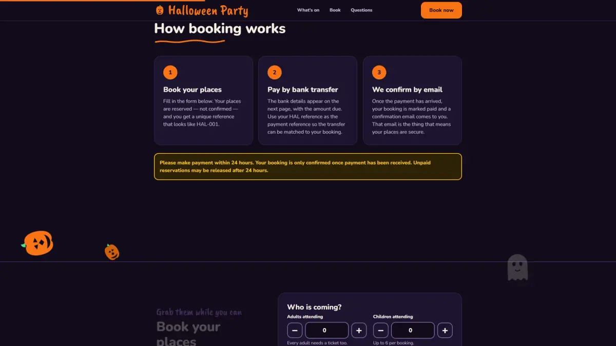 Halloween Party page explaining the three steps of booking
