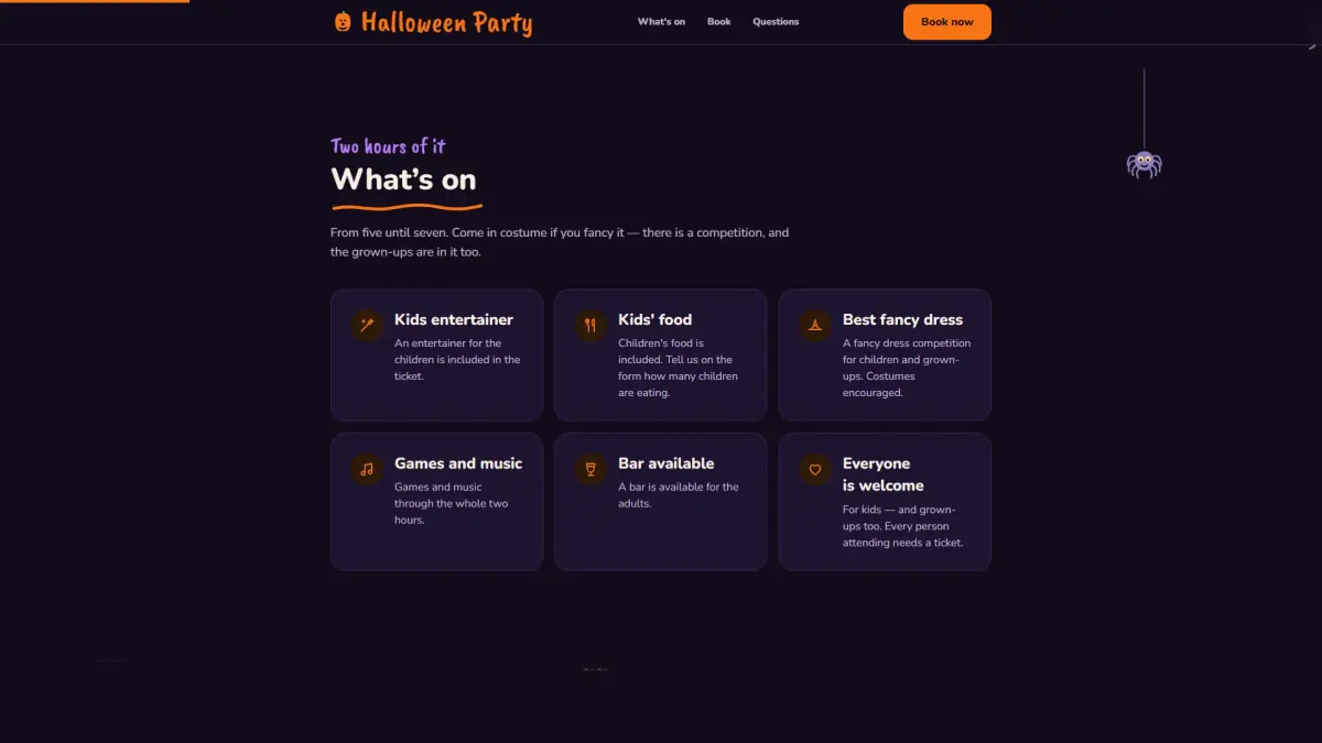 Halloween Party page showing what is included in the ticket
