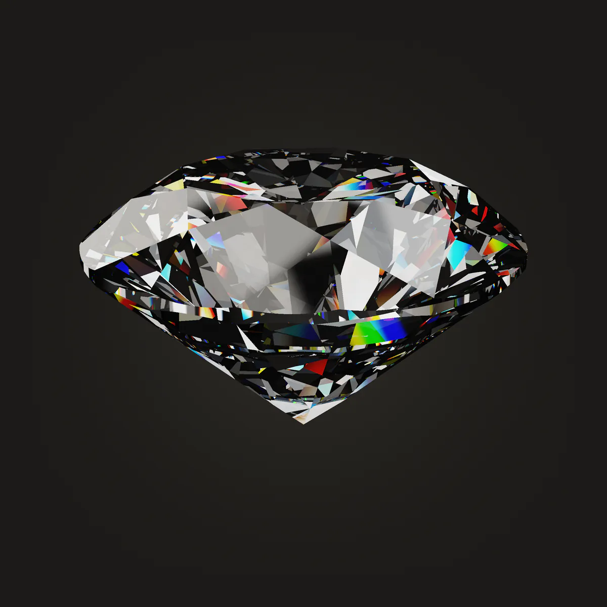 A brilliant-cut diamond turning in the dark, its facets breaking the light into colour.
