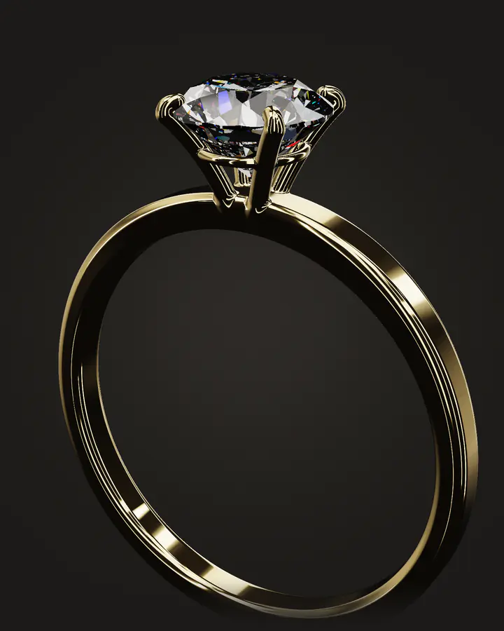 The Solitaire: a round brilliant held by four claws on a softly rounded band of yellow metal.