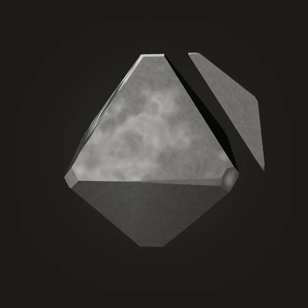 A rough diamond crystal, frosted and grey, as a slab cleaves away along its grain.